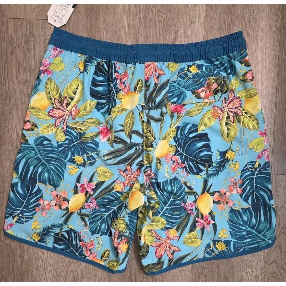 Hot Coals Mens Swim Trunks Large Blue Tropical Lemon Floral Quick Dry UPF‎ 50+